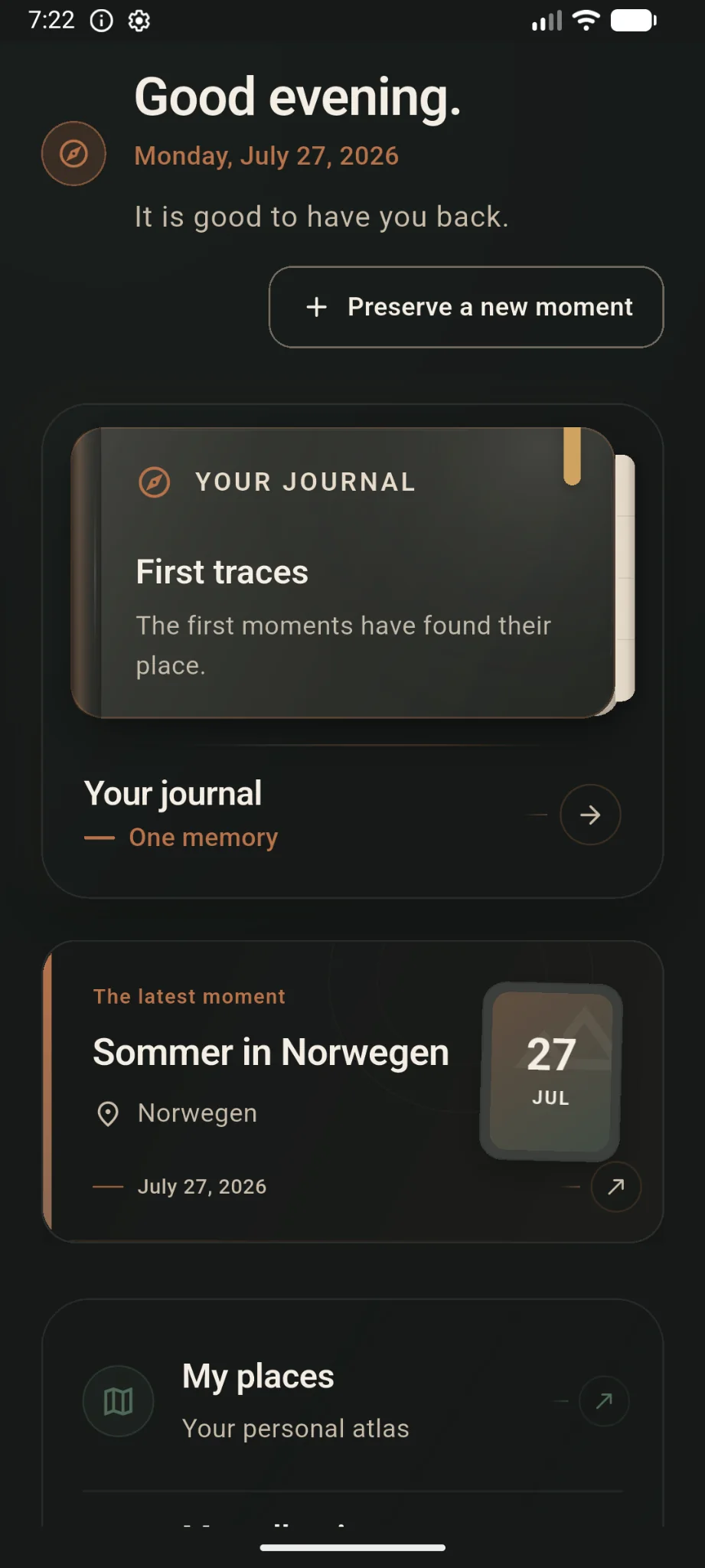 The Shuttrplace home screen in dark theme