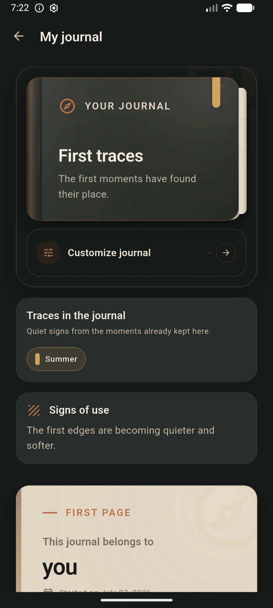 The personal Shuttrplace journal in dark theme