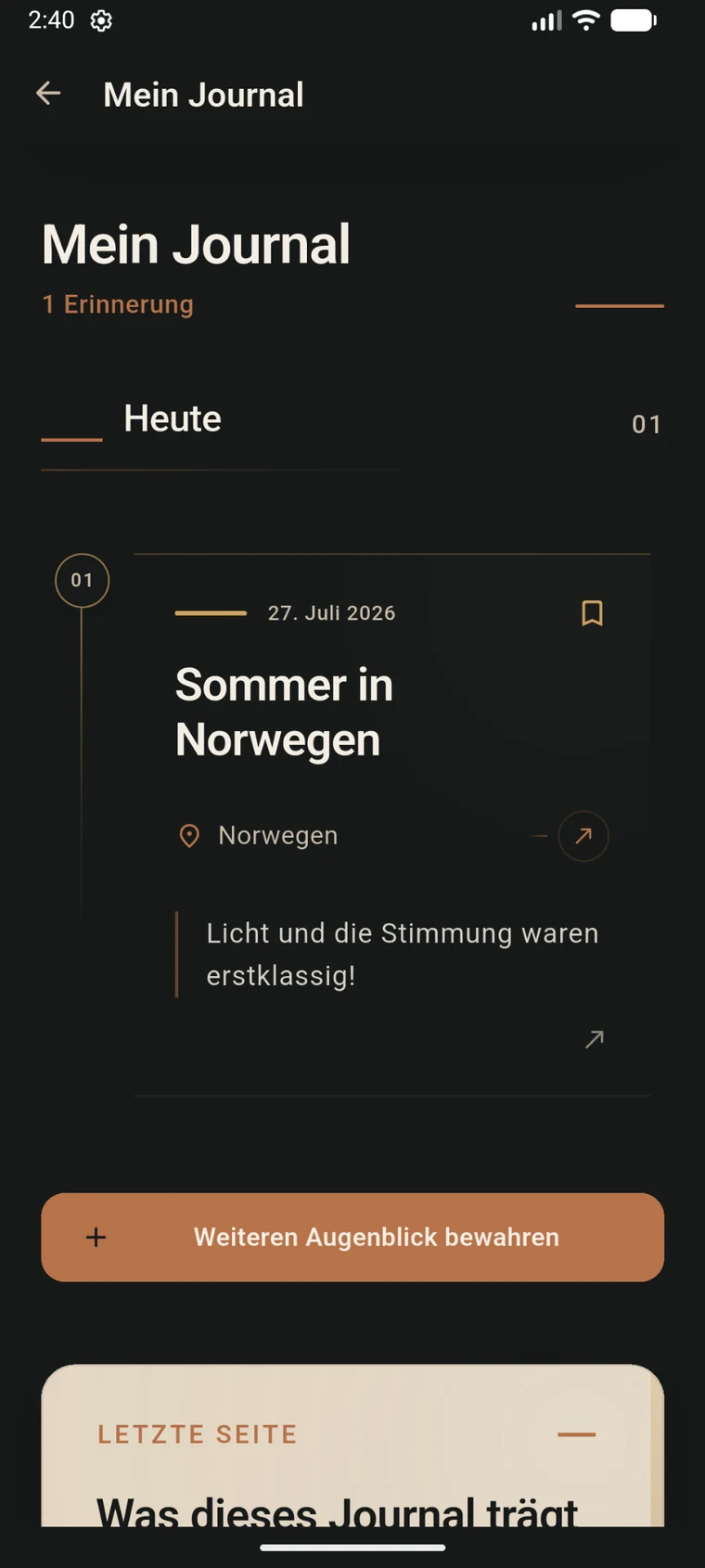 Eine Erinnerung im Shuttrplace-Journal im dunklen Theme