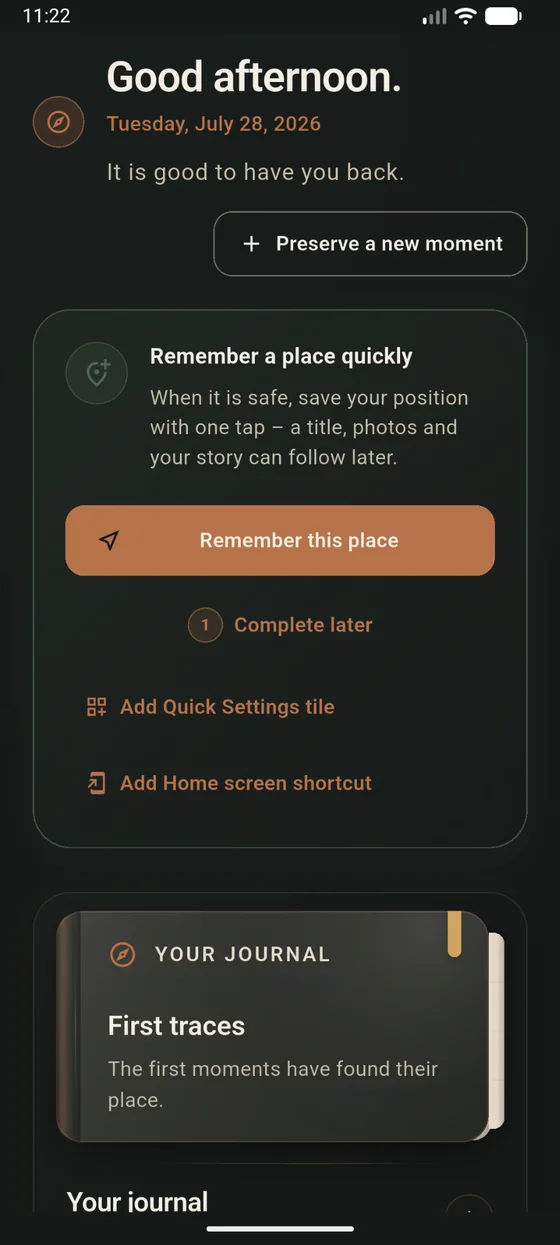 Shuttrplace home screen with Remember a place quickly